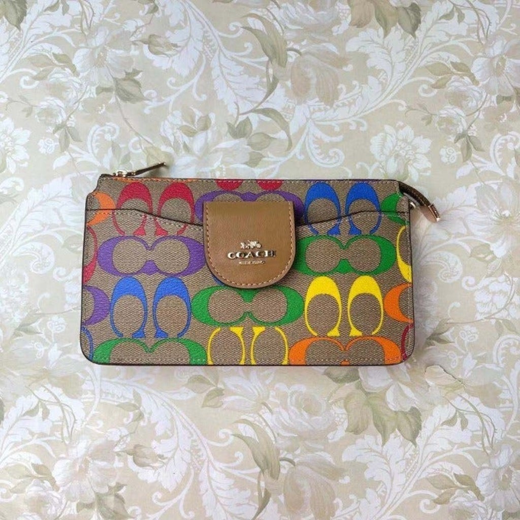 Coach C4697 Poppy Crossbody With Card Case In Rainbow Signature Canvas In Khaki Multi Coach C4697 Poppy Crossbody With Card Case In Rainbow Signature Canvas In Khaki Multi